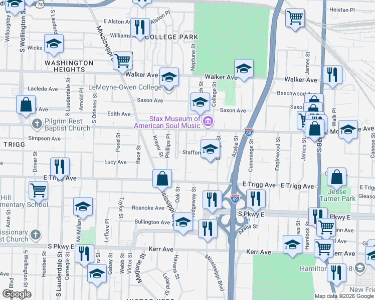 map of restaurants, bars, coffee shops, grocery stores, and more near 1228 Neptune Street in Memphis