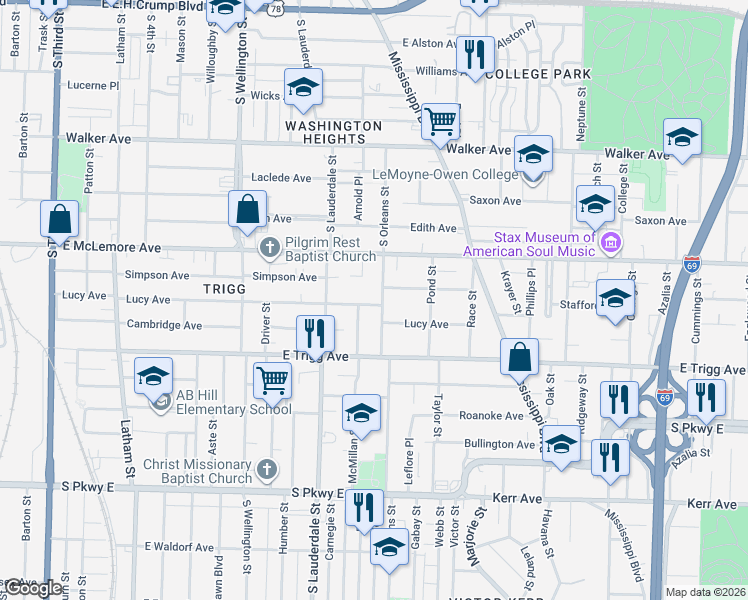 map of restaurants, bars, coffee shops, grocery stores, and more near 1236 Marksman Street in Memphis