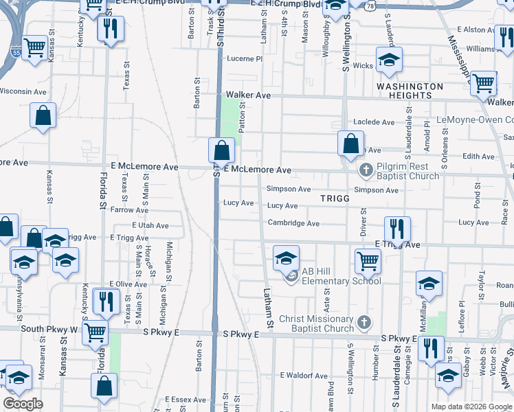 map of restaurants, bars, coffee shops, grocery stores, and more near 1237 Latham Street in Memphis