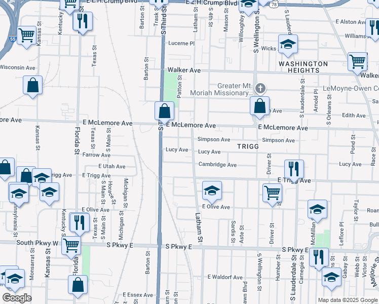 map of restaurants, bars, coffee shops, grocery stores, and more near 1237 Latham Street in Memphis