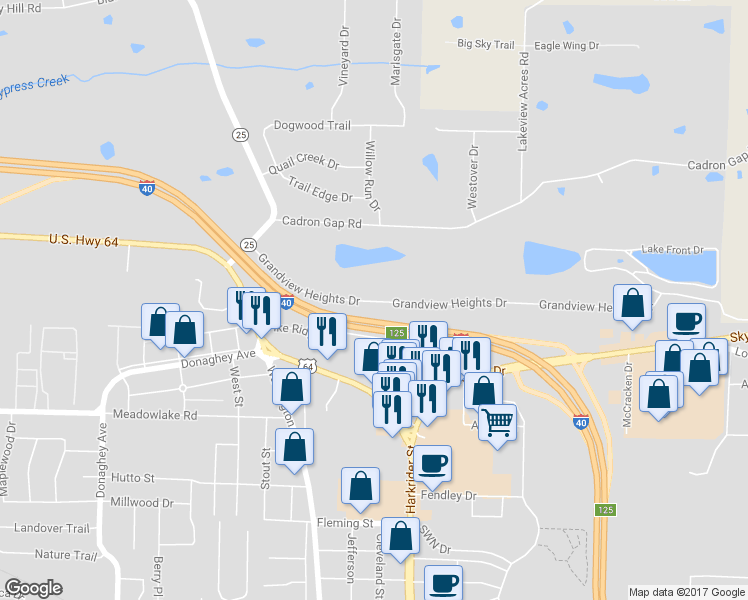 map of restaurants, bars, coffee shops, grocery stores, and more near 1300 Grandview Heights Drive in Conway
