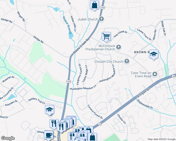 map of restaurants, bars, coffee shops, grocery stores, and more near 15132 Taylor Ridge Lane in Charlotte