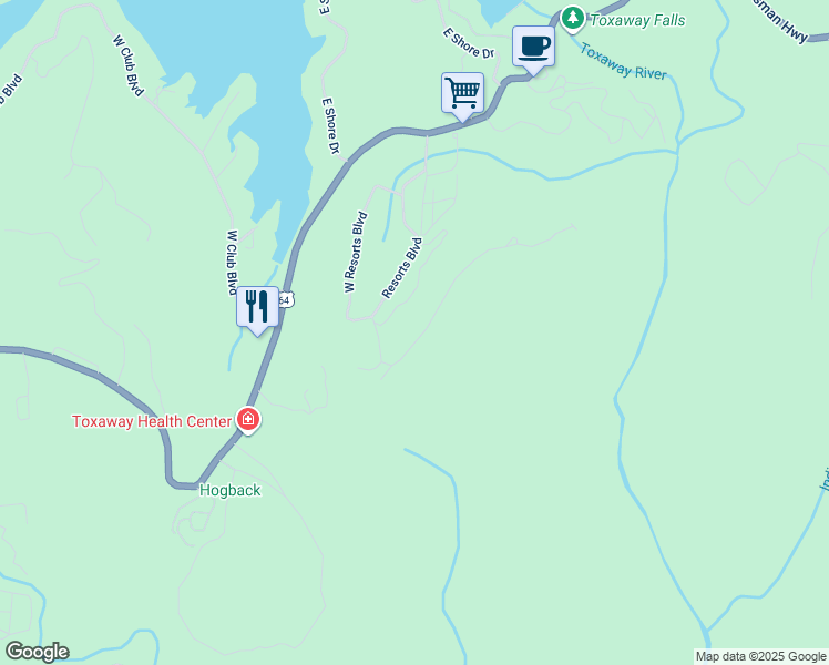 map of restaurants, bars, coffee shops, grocery stores, and more near 172 Mountain High Drive in Lake Toxaway
