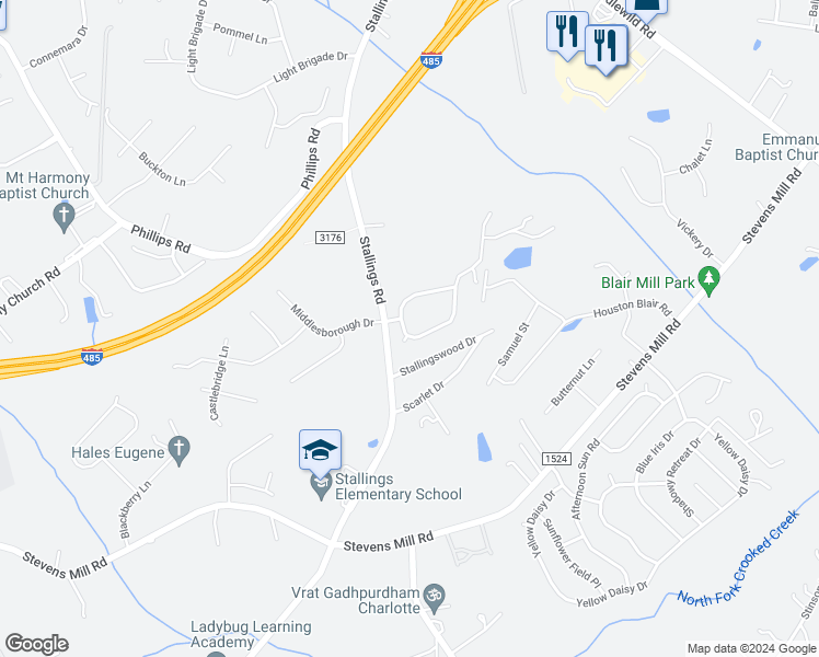 map of restaurants, bars, coffee shops, grocery stores, and more near 4105 Lawrence Daniel Drive in Matthews