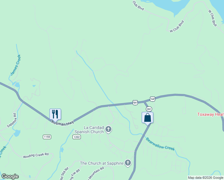 map of restaurants, bars, coffee shops, grocery stores, and more near 18138 Rosman Highway in Sapphire