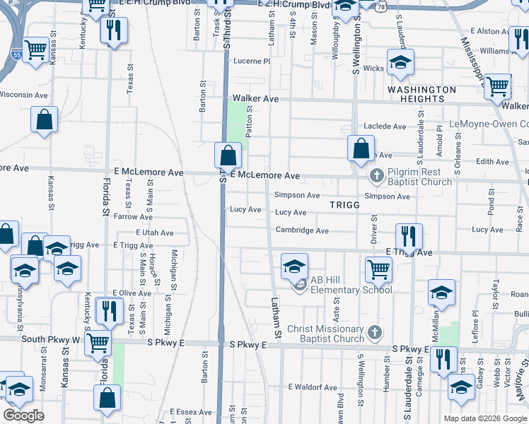 map of restaurants, bars, coffee shops, grocery stores, and more near 1237 Latham Street in Memphis