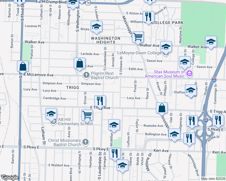map of restaurants, bars, coffee shops, grocery stores, and more near 1236 Marksman Street in Memphis