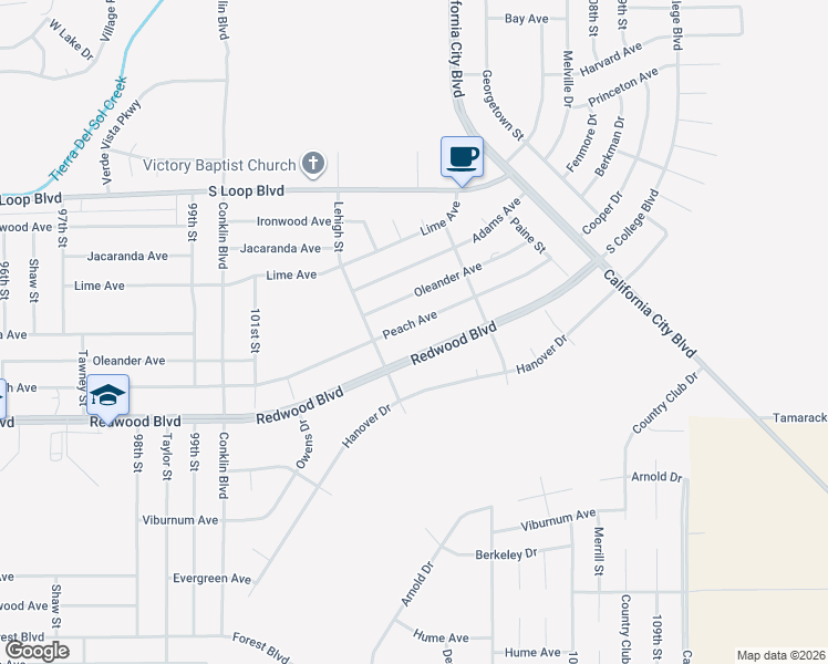 map of restaurants, bars, coffee shops, grocery stores, and more near 10416 Peach Avenue in California City