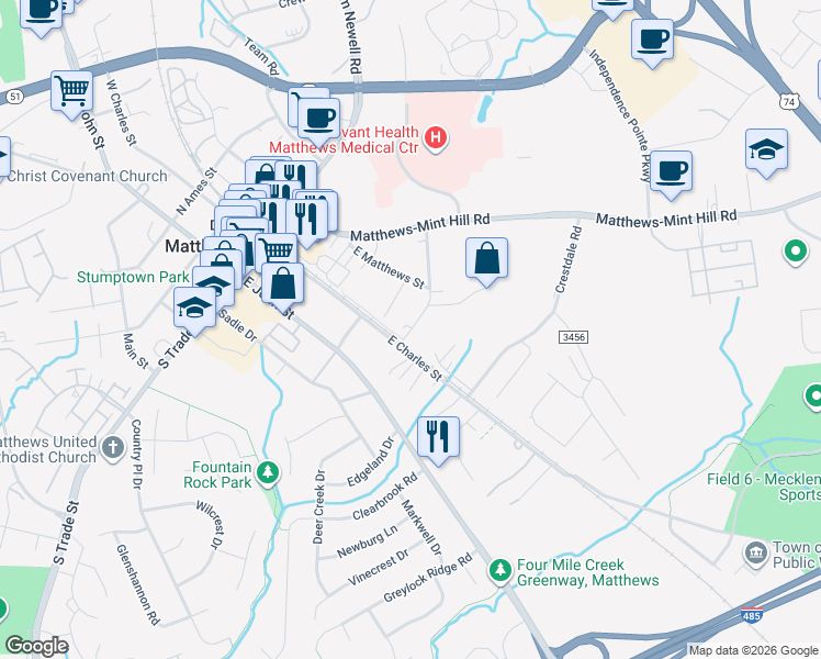 map of restaurants, bars, coffee shops, grocery stores, and more near 307 McLeod Street in Matthews