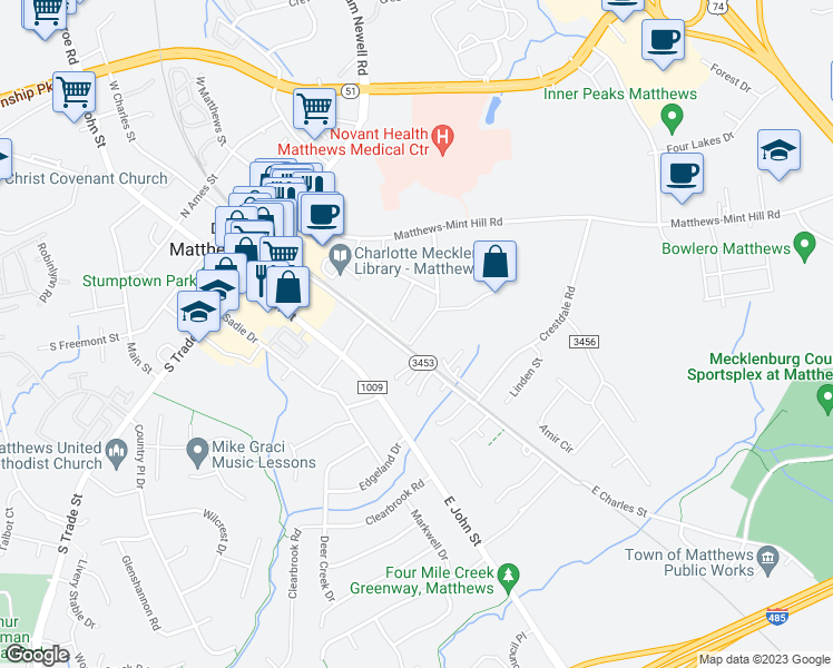 map of restaurants, bars, coffee shops, grocery stores, and more near 303 McLeod Street in Matthews