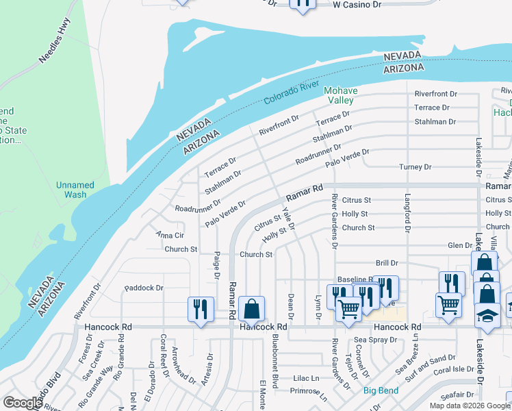 map of restaurants, bars, coffee shops, grocery stores, and more near 582 Ramar Rd in Bullhead City