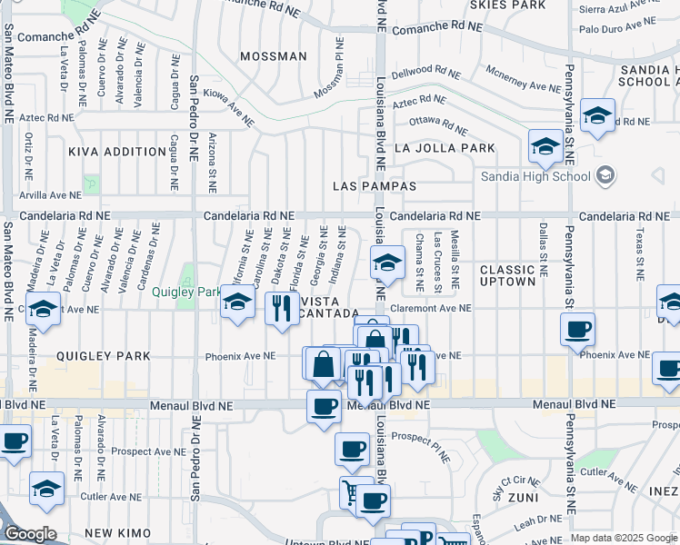map of restaurants, bars, coffee shops, grocery stores, and more near 2813 Kentucky Street Northeast in Albuquerque