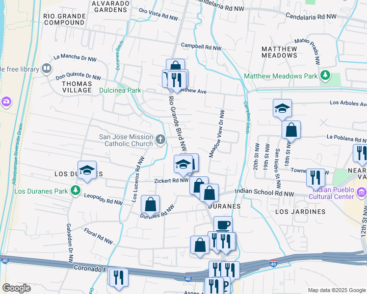 map of restaurants, bars, coffee shops, grocery stores, and more near 2101 Rio Grande Boulevard Northwest in Albuquerque