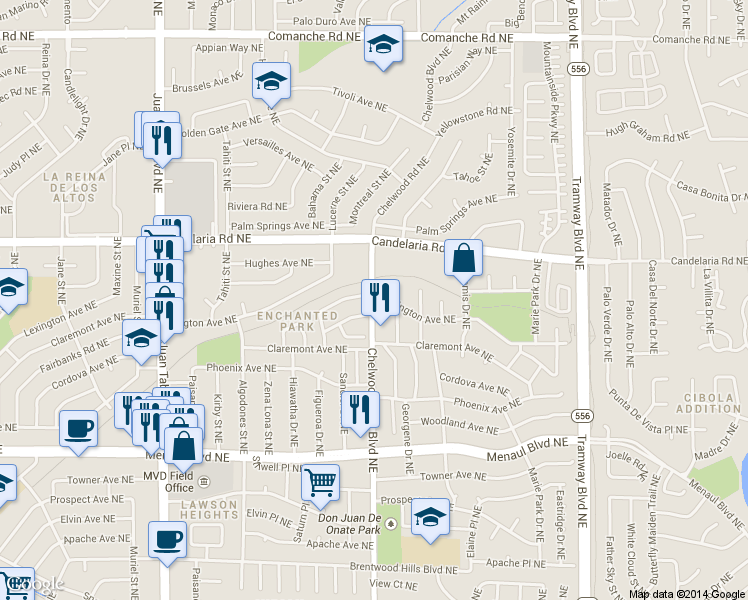 map of restaurants, bars, coffee shops, grocery stores, and more near 1315 Chelwood Park Boulevard Northeast in Albuquerque