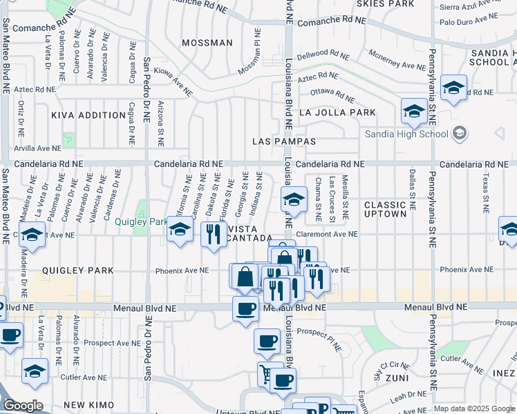 map of restaurants, bars, coffee shops, grocery stores, and more near 2813 Kentucky Street Northeast in Albuquerque