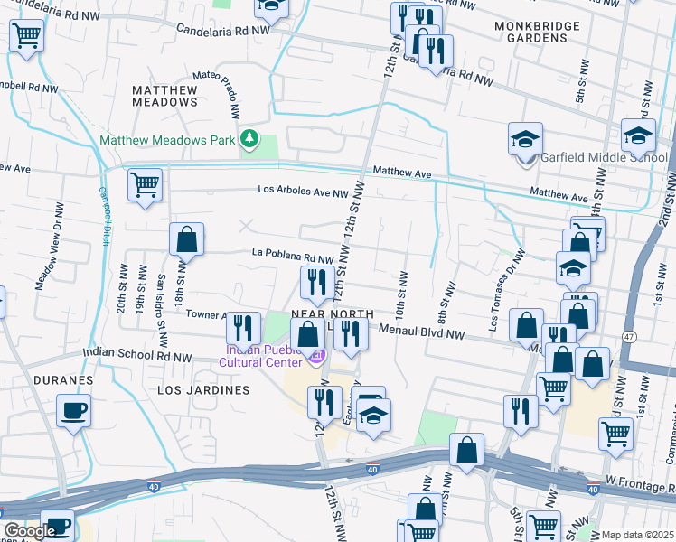 map of restaurants, bars, coffee shops, grocery stores, and more near 1124 La Poblana Road Northwest in Albuquerque