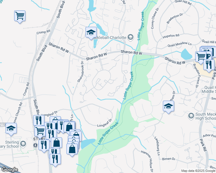 map of restaurants, bars, coffee shops, grocery stores, and more near 8302 Knights Bridge Road in Charlotte