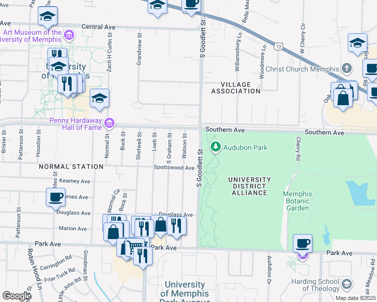 map of restaurants, bars, coffee shops, grocery stores, and more near 651 South Goodlett Street in Memphis