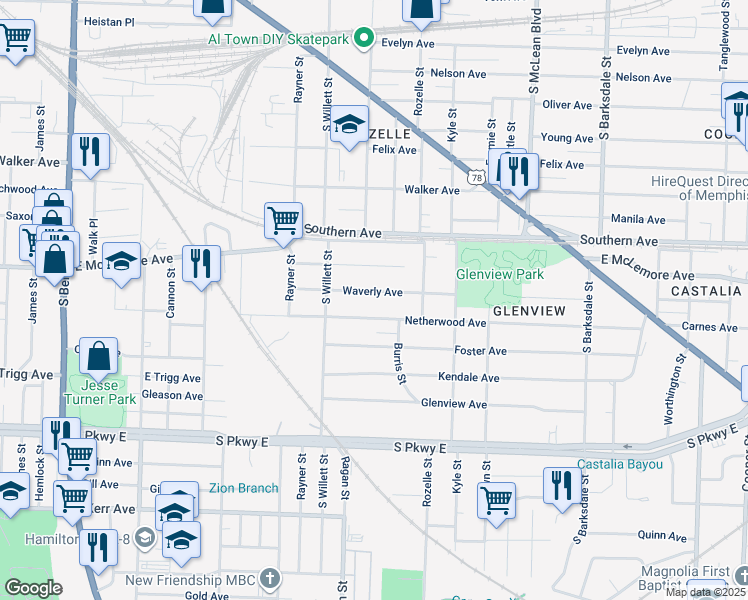 map of restaurants, bars, coffee shops, grocery stores, and more near 1605 Netherwood Avenue in Memphis