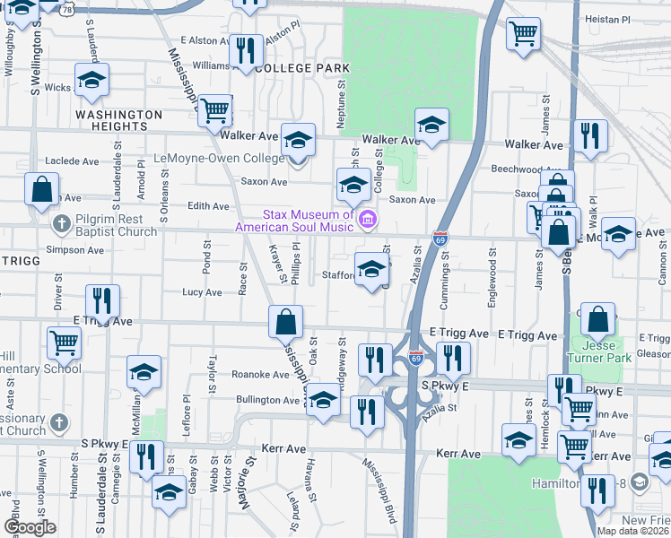 map of restaurants, bars, coffee shops, grocery stores, and more near 1228 Neptune Street in Memphis