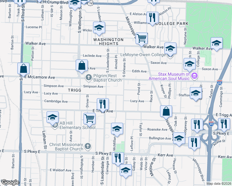 map of restaurants, bars, coffee shops, grocery stores, and more near 1236 Marksman Street in Memphis