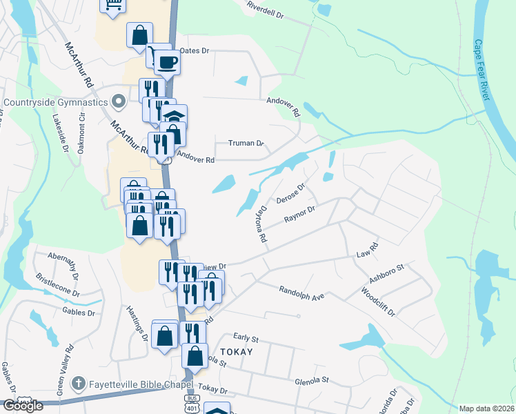 map of restaurants, bars, coffee shops, grocery stores, and more near 3905 Daytona Road in Fayetteville