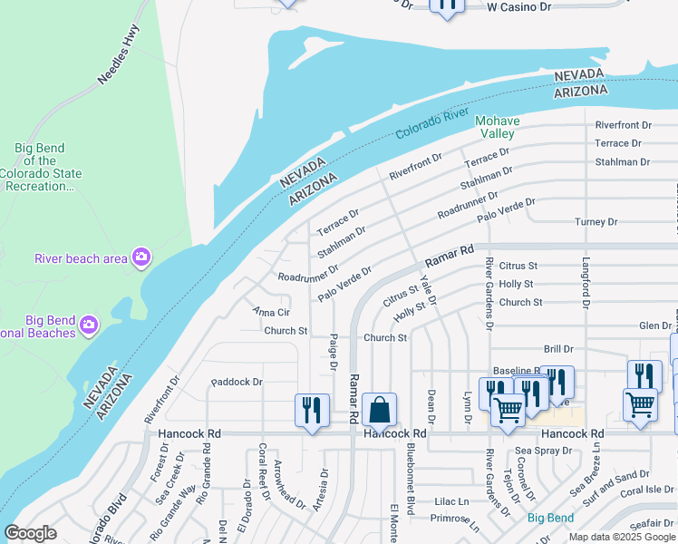 map of restaurants, bars, coffee shops, grocery stores, and more near 544 Palo Verde Drive in Bullhead City