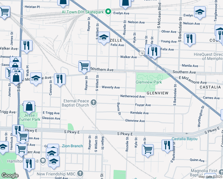 map of restaurants, bars, coffee shops, grocery stores, and more near 1605 Netherwood Avenue in Memphis