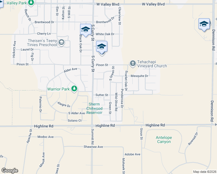 map of restaurants, bars, coffee shops, grocery stores, and more near 1331 South Green Street in Tehachapi