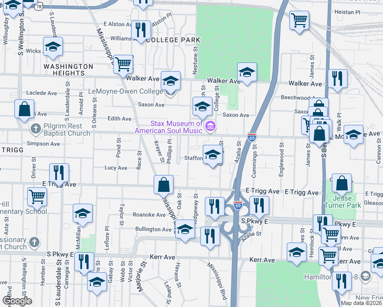 map of restaurants, bars, coffee shops, grocery stores, and more near 1228 Neptune Street in Memphis
