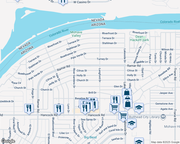 map of restaurants, bars, coffee shops, grocery stores, and more near 818 Ramar Road in Bullhead City