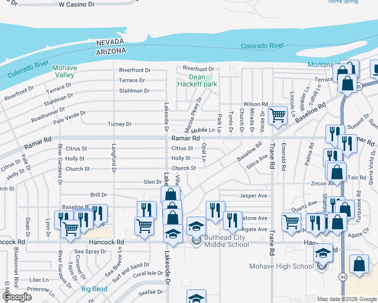 map of restaurants, bars, coffee shops, grocery stores, and more near 1086 Ramar Road in Bullhead City