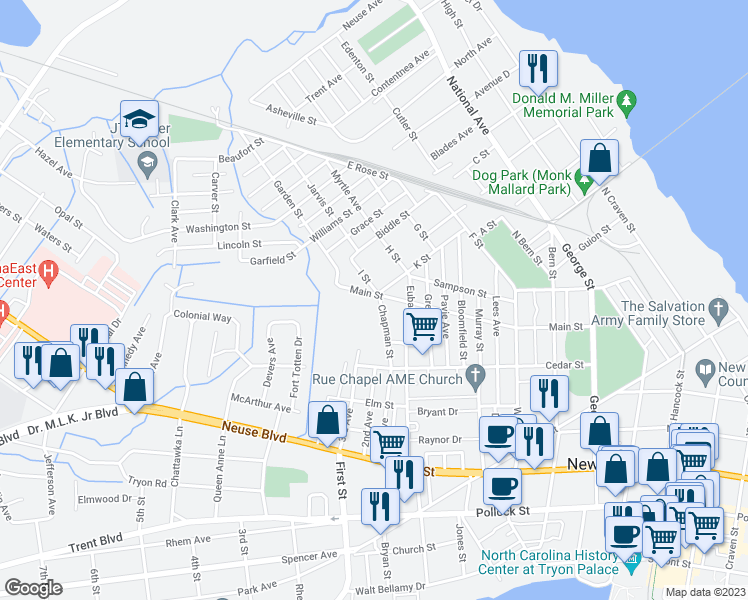 map of restaurants, bars, coffee shops, grocery stores, and more near 1209 Main Street in New Bern