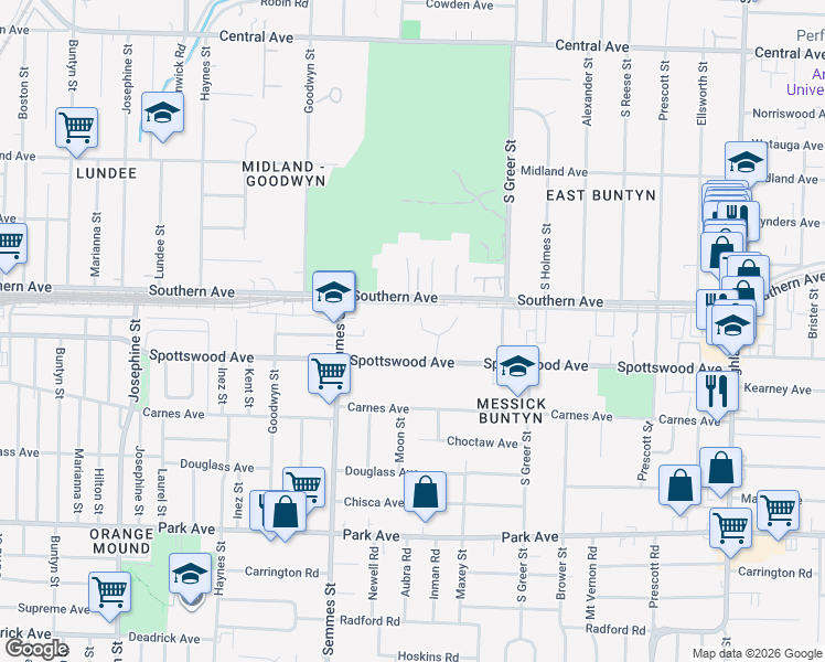 map of restaurants, bars, coffee shops, grocery stores, and more near 3129 Monterrey Square in Memphis