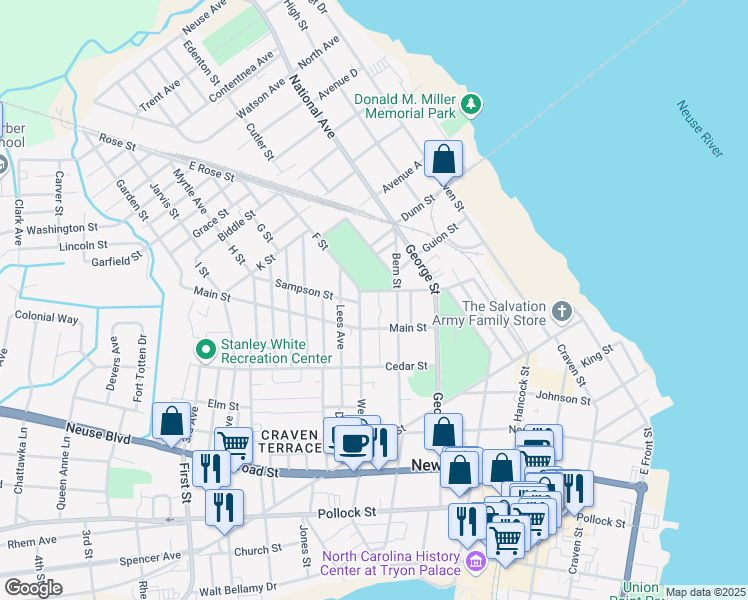 map of restaurants, bars, coffee shops, grocery stores, and more near 819 Cypress Street in New Bern