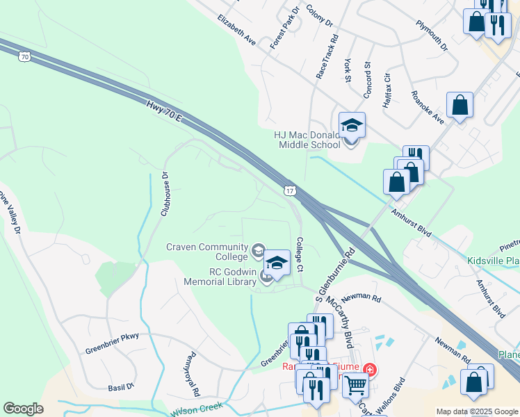map of restaurants, bars, coffee shops, grocery stores, and more near 102 Innisbrook Court in New Bern