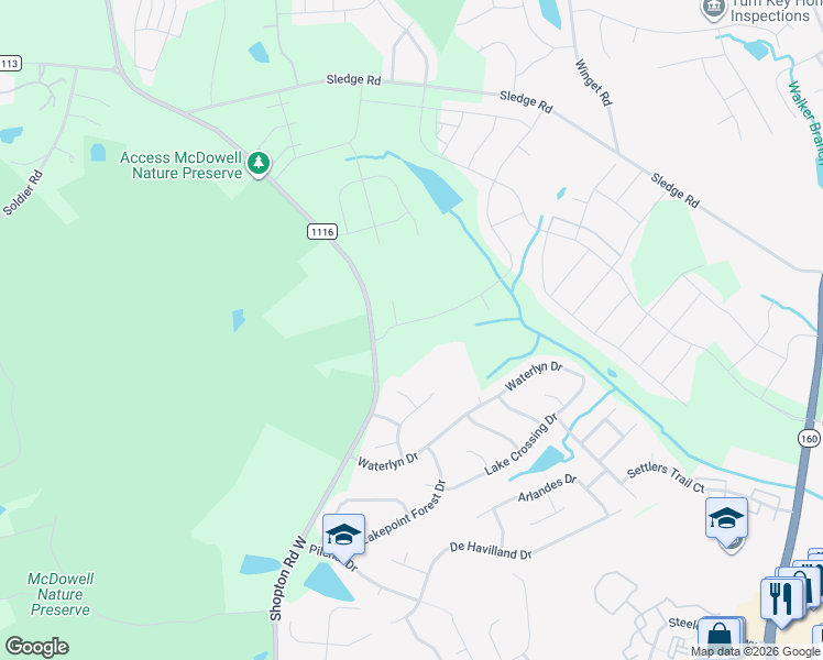 map of restaurants, bars, coffee shops, grocery stores, and more near 15201 Shopton Road West in Charlotte