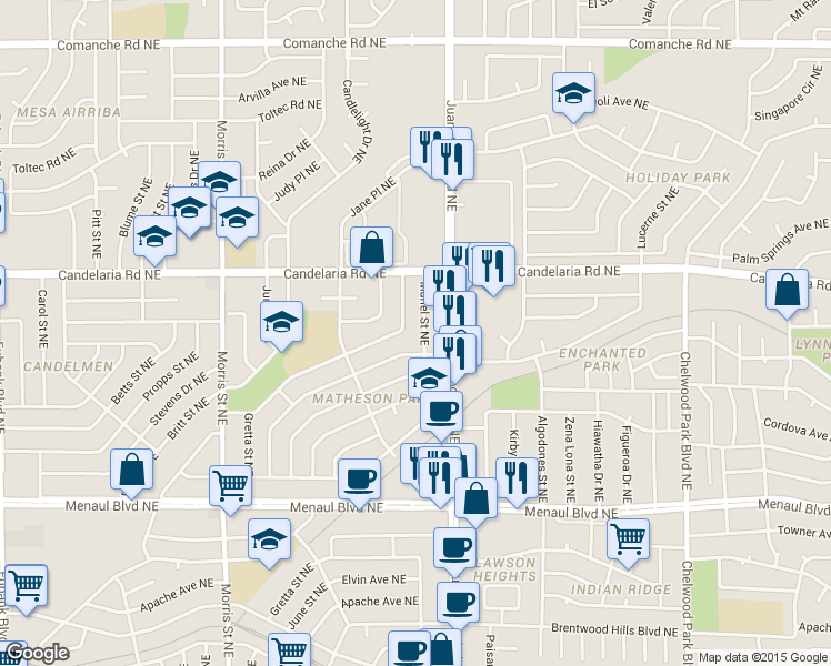 map of restaurants, bars, coffee shops, grocery stores, and more near 2901 Juan Tabo Boulevard Northeast in Albuquerque