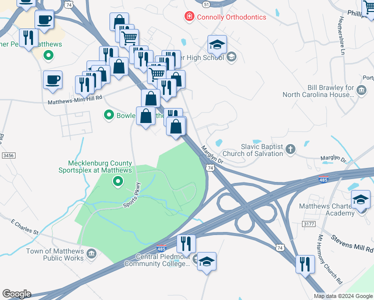 map of restaurants, bars, coffee shops, grocery stores, and more near 11426 East Independence Boulevard in Matthews