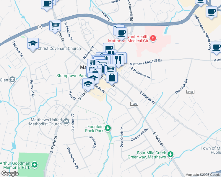 map of restaurants, bars, coffee shops, grocery stores, and more near 137 East John Street in Matthews