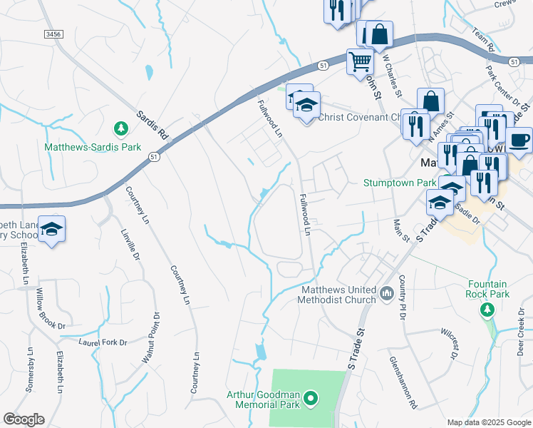 map of restaurants, bars, coffee shops, grocery stores, and more near 733 Plantation Estates Drive in Matthews