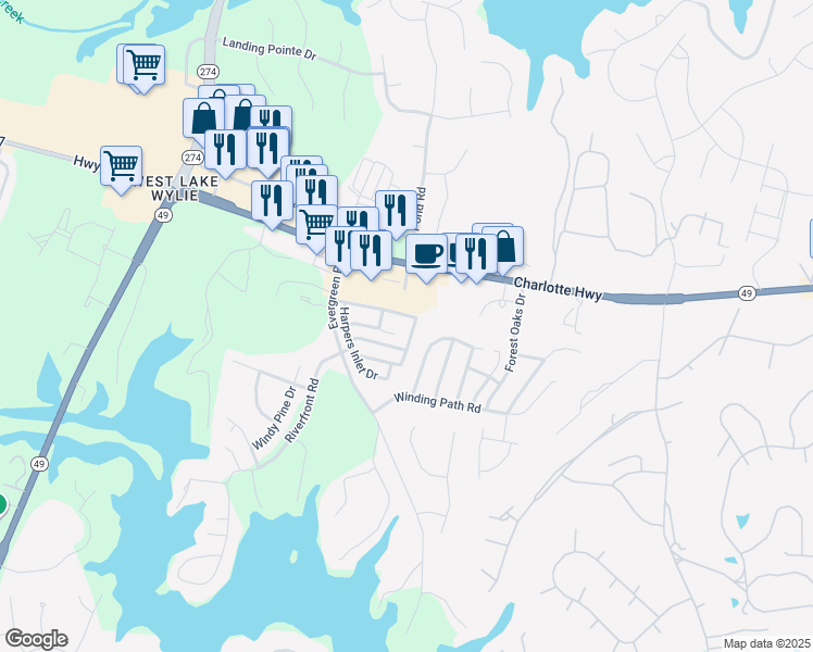 map of restaurants, bars, coffee shops, grocery stores, and more near 2138 Shady Pond Drive in Clover