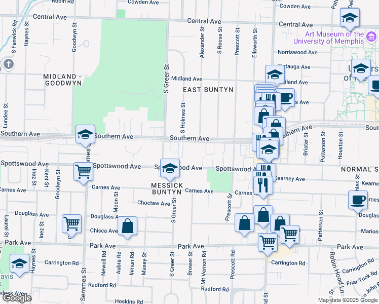 map of restaurants, bars, coffee shops, grocery stores, and more near 3289 Southern Avenue in Memphis