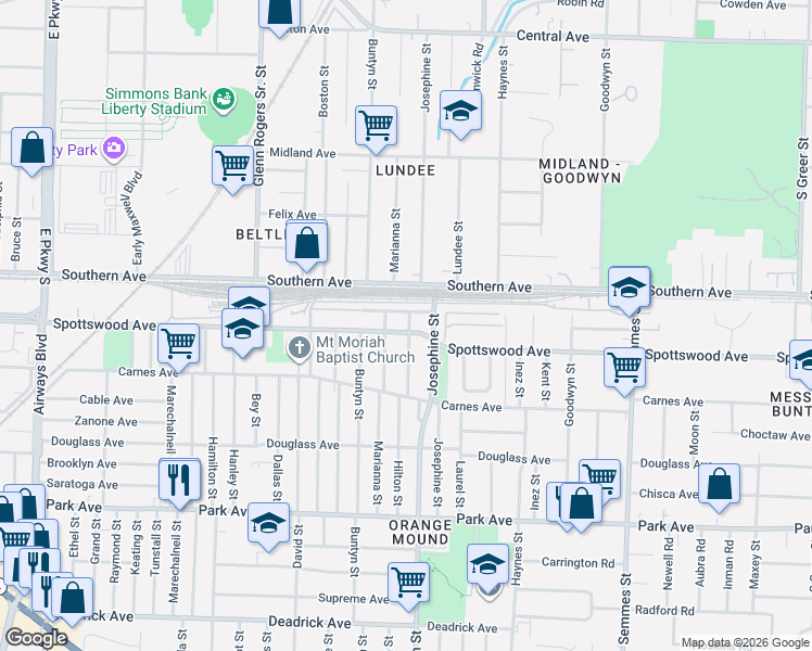map of restaurants, bars, coffee shops, grocery stores, and more near 637 Pendleton Street in Memphis