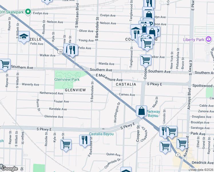 map of restaurants, bars, coffee shops, grocery stores, and more near 1967 East McLemore Avenue in Memphis
