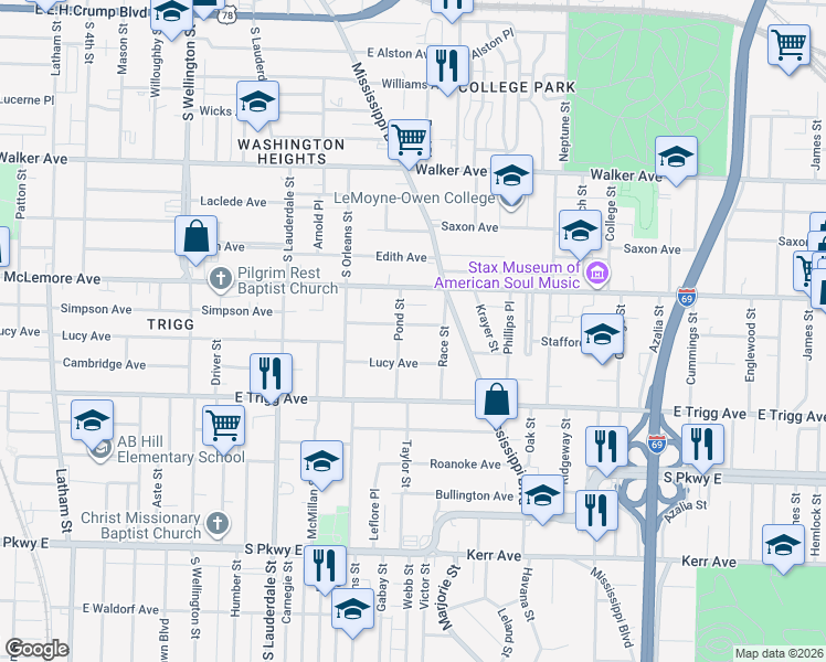 map of restaurants, bars, coffee shops, grocery stores, and more near 1173 Pond Street in Memphis