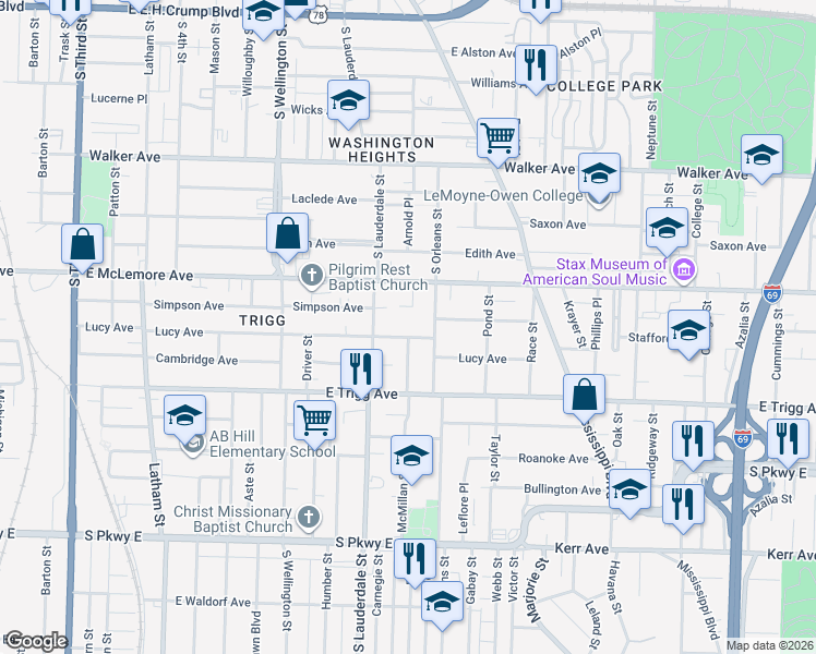 map of restaurants, bars, coffee shops, grocery stores, and more near 604 Simpson Avenue in Memphis