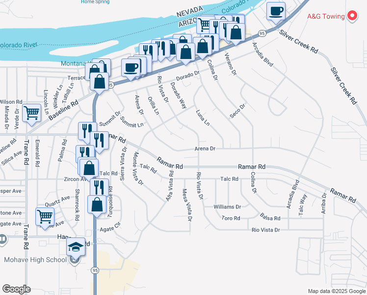 map of restaurants, bars, coffee shops, grocery stores, and more near 1504-1508 Orilla Lane in Bullhead City