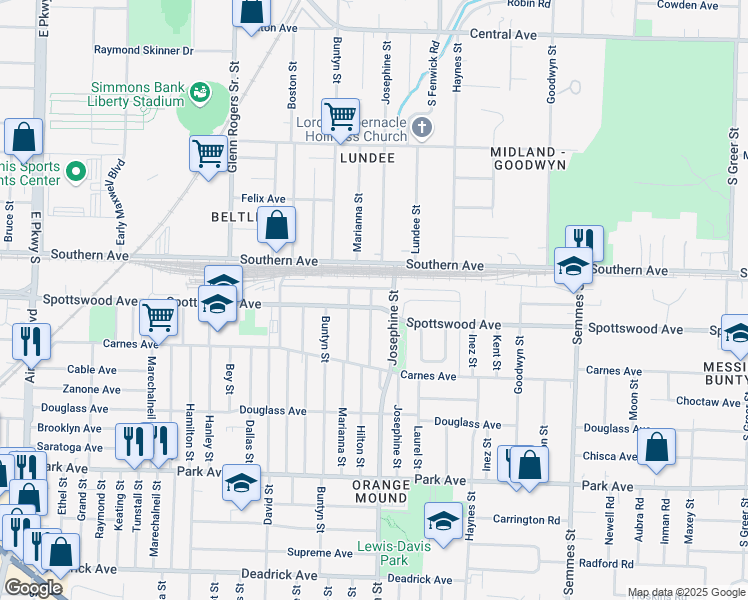 map of restaurants, bars, coffee shops, grocery stores, and more near 2764 Spottswood Avenue in Memphis