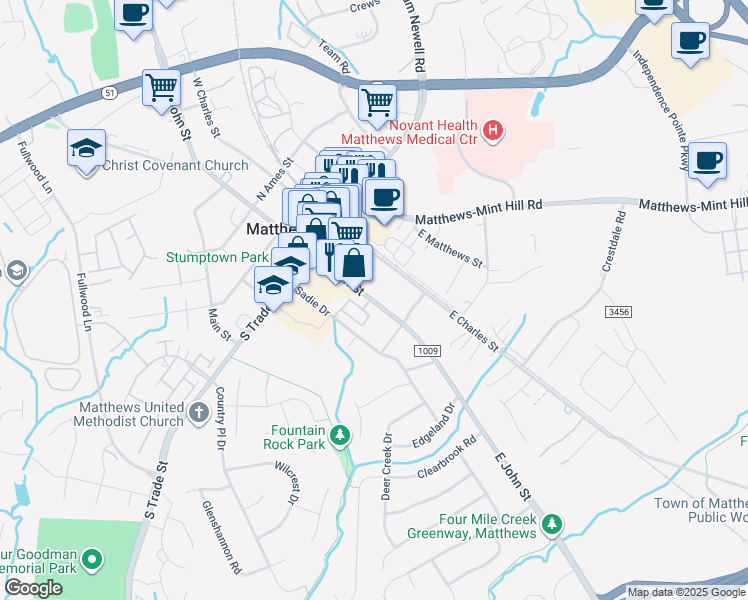 map of restaurants, bars, coffee shops, grocery stores, and more near in Matthews